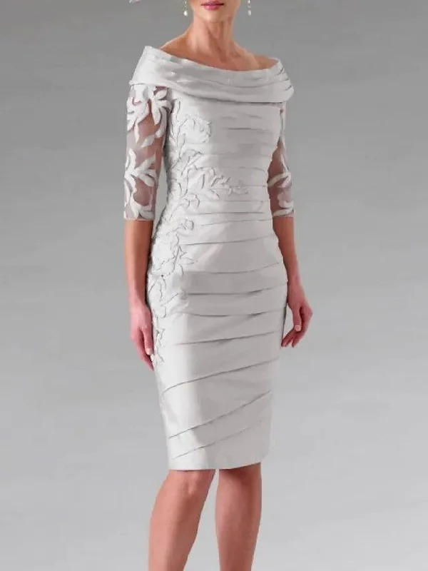 Sheath / Column Mother of the Bride Dress Elegant Off Shoulder Knee Length Taffeta Half Sleeve with Appliques Ruching