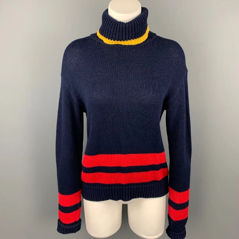 POLO by RALPH LAUREN Size S Navy Knitted Stripe Cotton Turtleneck Pullover Asymmetrical Neck Pullover