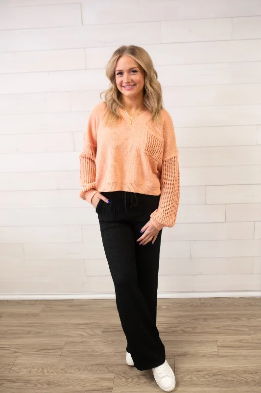 ee:some Open Knit Long Sleeve Sweater-Apricot Transparent Opaque Sheer