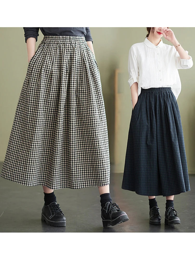 Bonnyshow   Cotton Linen Plaid Wide Trousers for Women  Summer Vintage Loose Dress Pants Baggy Women's Joggers Home Capri Pants Skirts Trousers Occasion Special