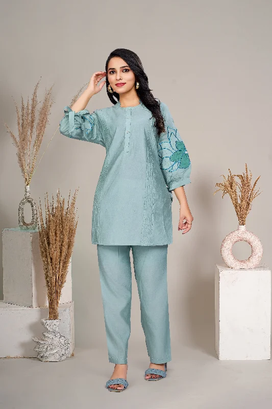 Mint Green Floral Sequins Tunic With Trouser Trousers Corduroy Warm