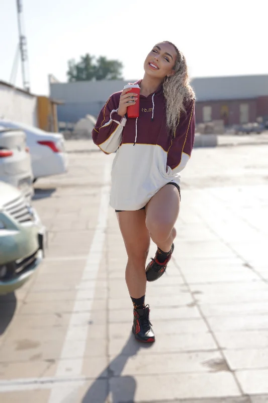 Maroon & White 2 Tone Pullover Hoodie Asymmetrical Hem Sweater