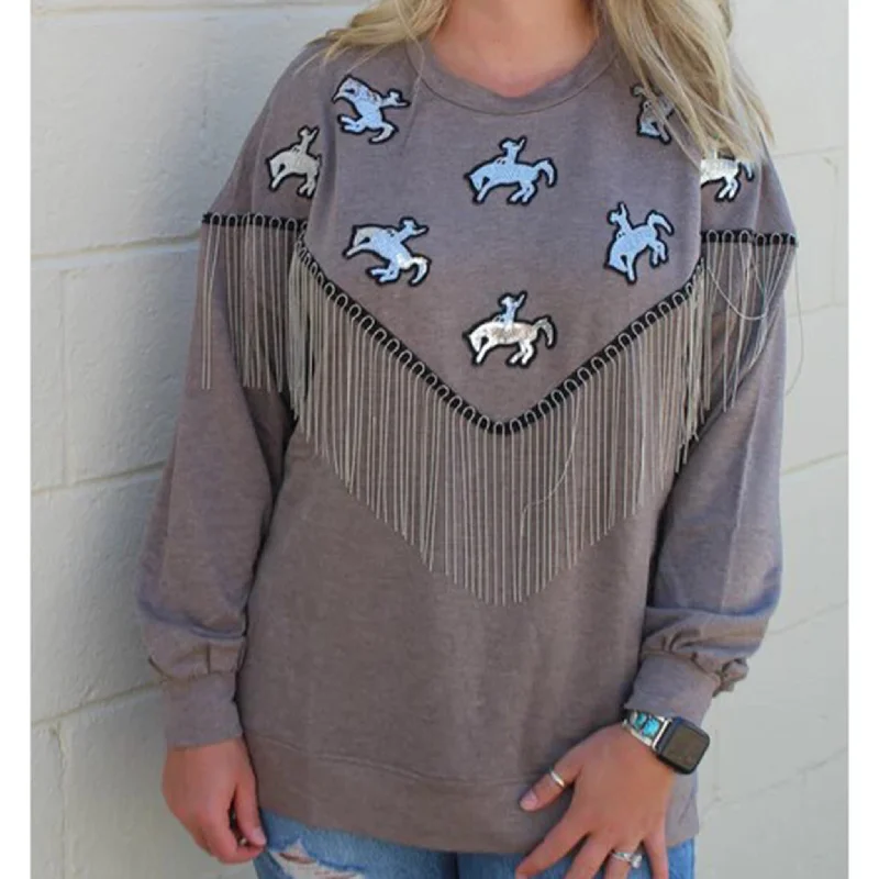 Rowdy Crowd Women's Grey with Sequins Bronc Fringe Sweater Notch Collar Peter Pan Collar Cowl Neck