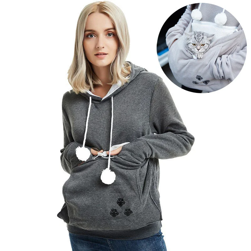 Cute Hoodies Pullover Sweatshirts With Pet Pocket For Cat Clothes Winter Women Boxy Neck Sweater