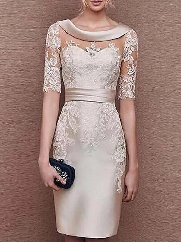 Sheath / Column Mother of the Bride Dress Elegant Jewel Neck Knee Length Lace Satin Short Sleeve with Appliques