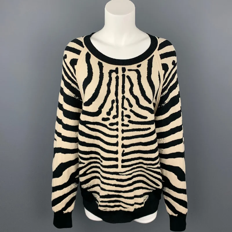 A.L.C. Size L Black & Beige Zebra Print Knit Crew-Neck Pullover Sweater Keyhole Neck Pullover