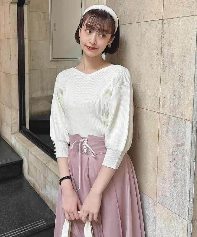 V-Neck Knit Pullover w/Pearl Cuff Buttons Saggy Sleeve Comfort