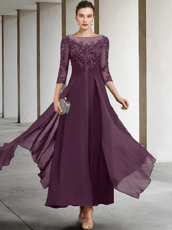 A-Line Mother of the Bride Dress Wedding Guest Plus Size Elegant Jewel Neck Ankle Length Chiffon Lace