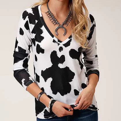 Roper Women's Black and White Cow Print Sweater Neon Metallic Matte
