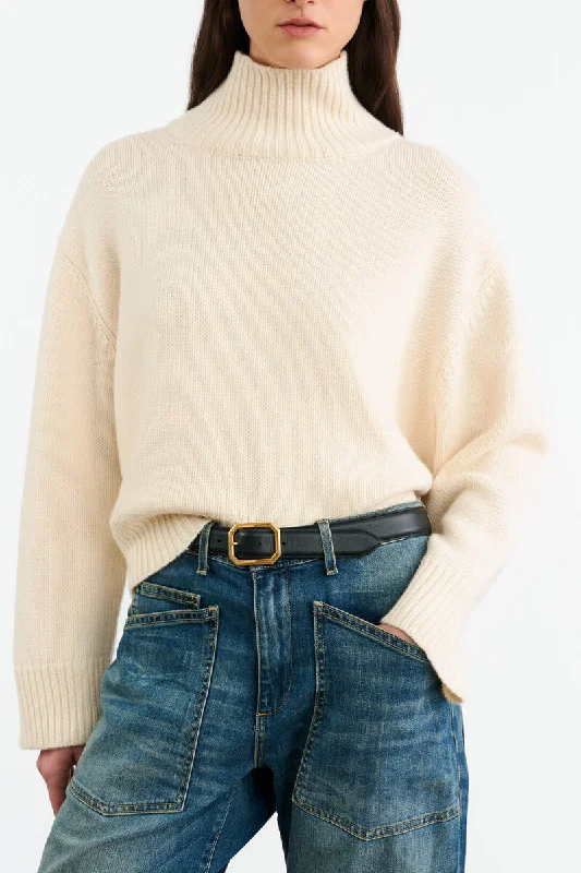 Nili Lotan Omaira Sweater in Ivory Denim Fabric Leather Fabric Suede Fabric