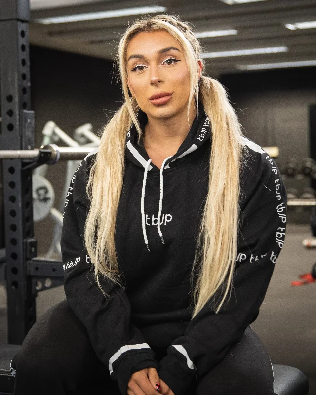 Sleeve Logo Pullover Hoodie in Black Ruffled Neck Pullover