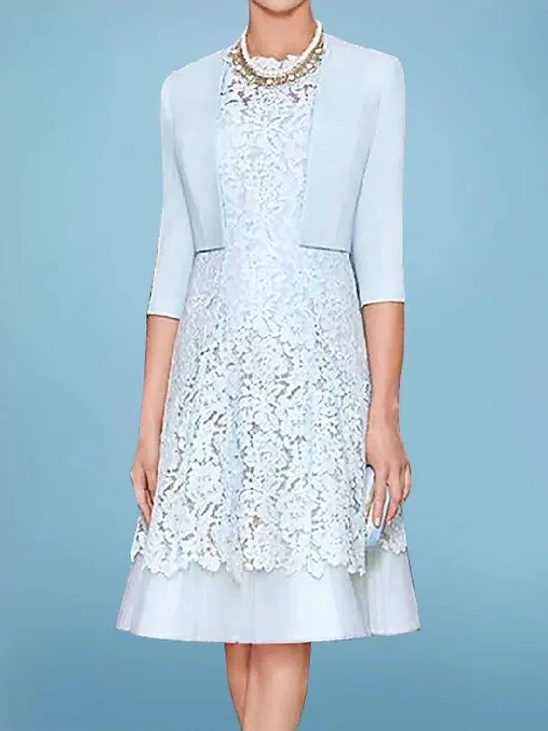 Two Piece A-Line Mother of the Bride Dress Elegant Jewel Neck Tea Length Lace Satin 3/4 Length Sleeve with Embroidery