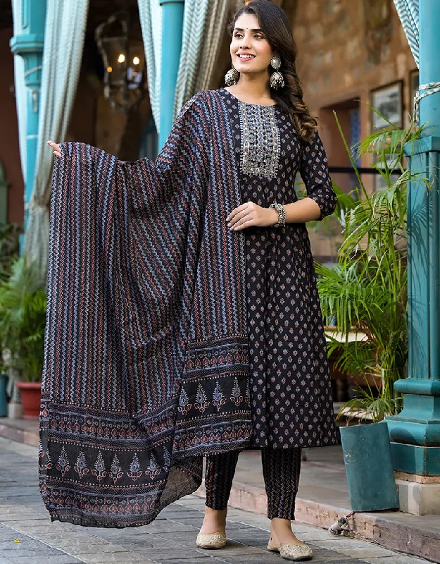 Embroidery Sequins_Work Kurta Trouser With Dupatta Set Black Pure Cotton Pant Anarkali Trousers Lace Delicate