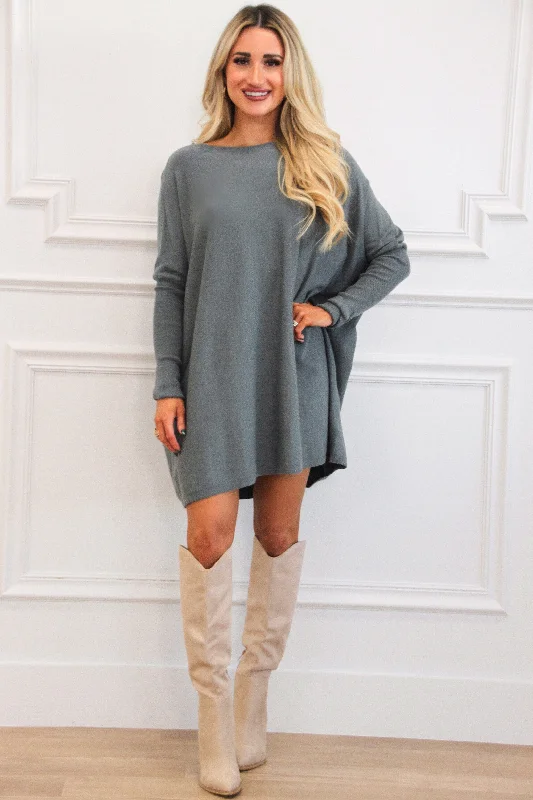 So Cozy Boat Neck Tunic Sweater: Dusty Blue Olive Cashmere Blend Cotton Blend Poly Blend