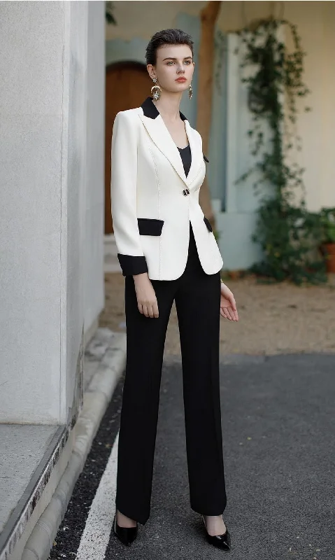 Monochrome Elegance: Classic Contrast Blazer and Trousers Set Trousers Business Professional