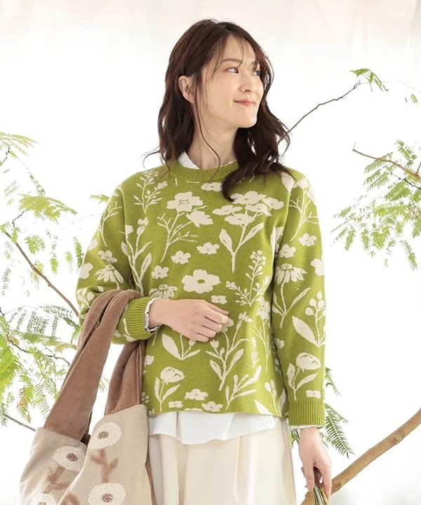 Botanical jacquard knit pullover 24W083 Tapered Sleeve Pullover
