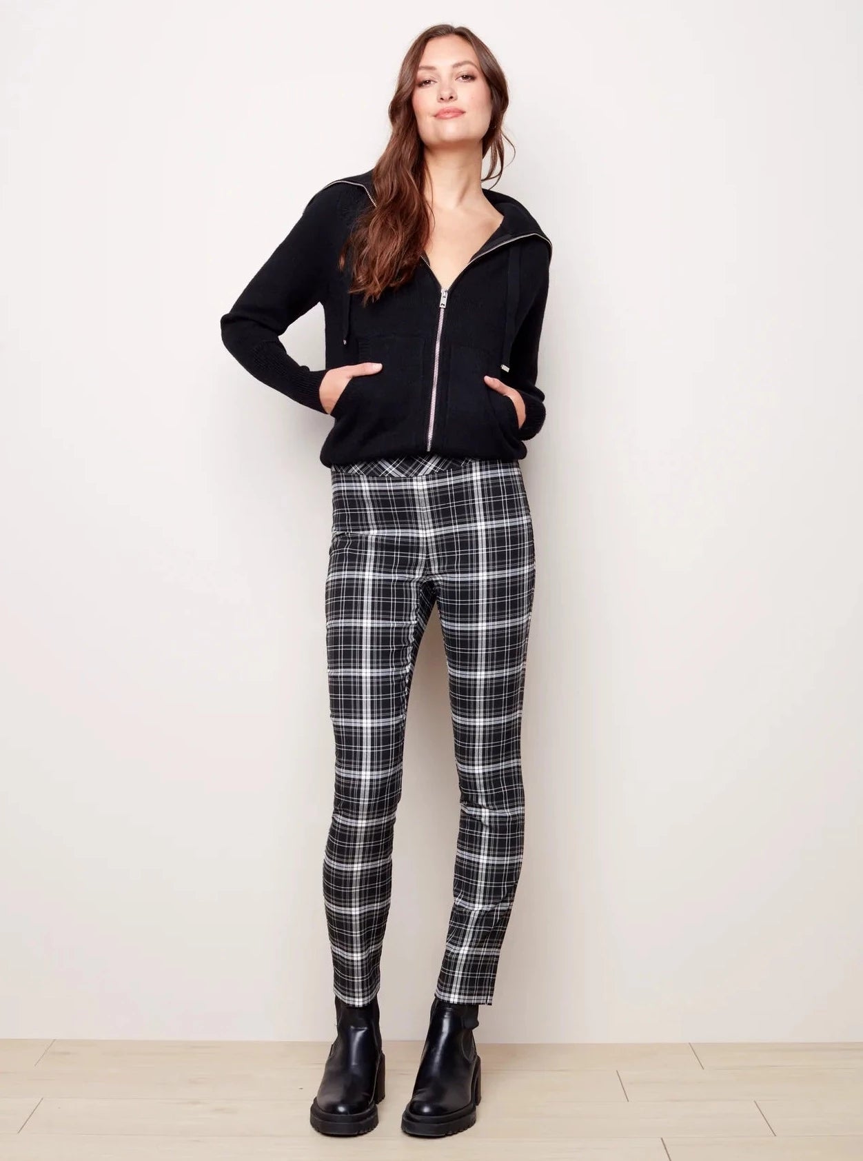 Pull-on Double Weave Jacquard Plaid Trouser [Black-C5292] Trousers Silk Elegant