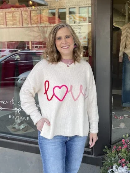 Love Lettering Side Slit Rib Knit Sweater Top Beaded Sweater Sequined Faux Fur
