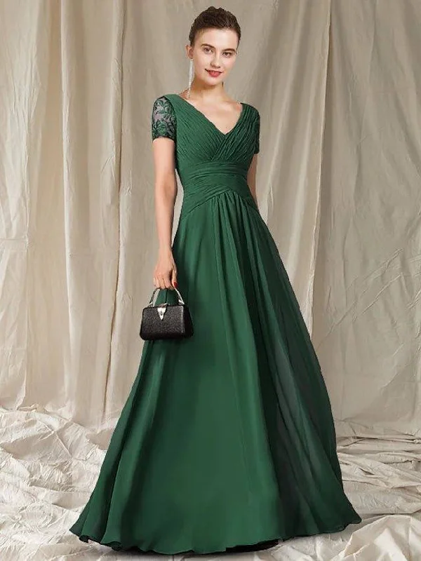 A-Line Mother of the Bride Dress Elegant V Neck Floor Length Chiffon Lace Short Sleeve with Pleats Ruched Appliques