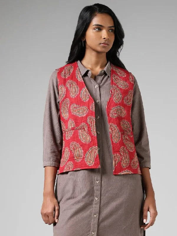 Utsa Red Paisley Printed Cotton Quilted Reversible Jacket Cotton Jacket Linen Jacket Terry Jacket