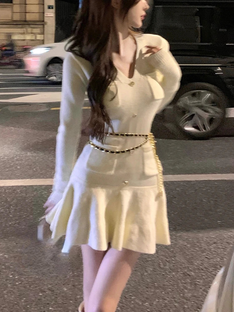 Yipinpay Sweater Dress Women Elegant Y2k Mini Dress Party Pure Color One Piece Dress Korean Fashion Casual Design 2024 Autumn Mesh Sweater Canvas Denim