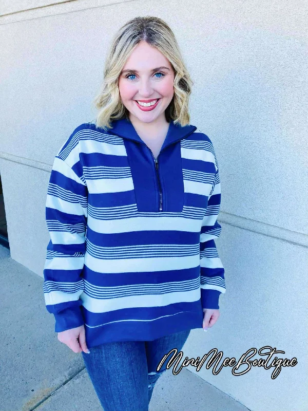 Blue Striped Half-zip Pullover Three Quarter Sleeve