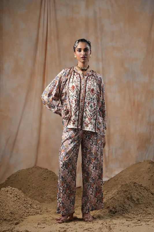 Multicolored Embroidered Viscose Top & Trouser Co-Ord Set Trousers Yoga Stretchy
