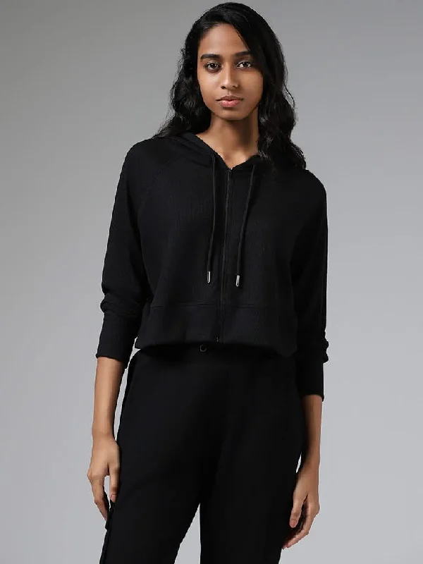 Superstar Solid Black Zipper Hoodie Jacket Welt Pockets Slit Pockets Flap Pockets