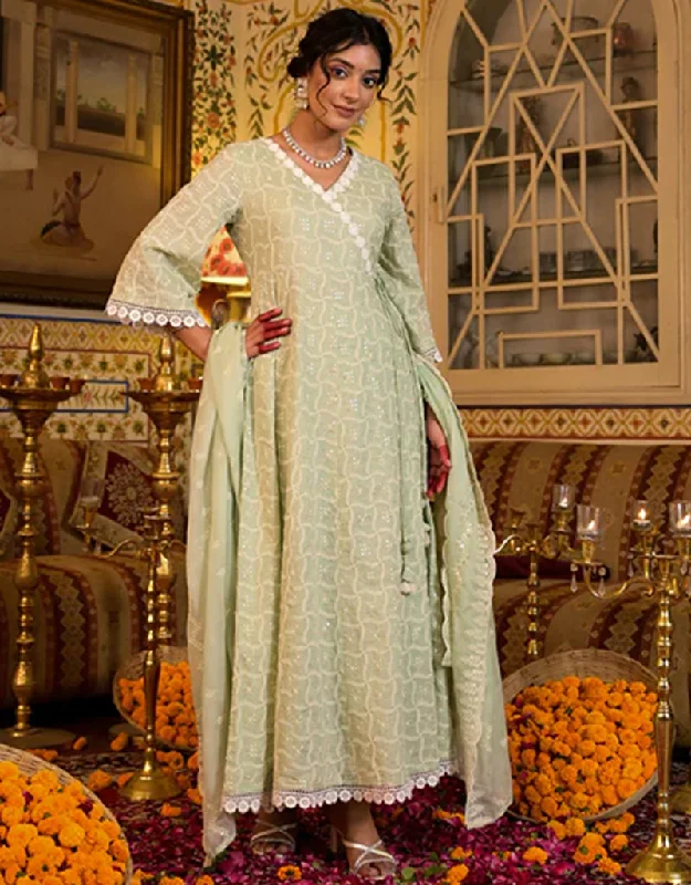 Angrakha Anarkali Kurta Trouser With Dupatta Set Pista Green Pure Cotton Pant Anarkali Trousers Leather Faux