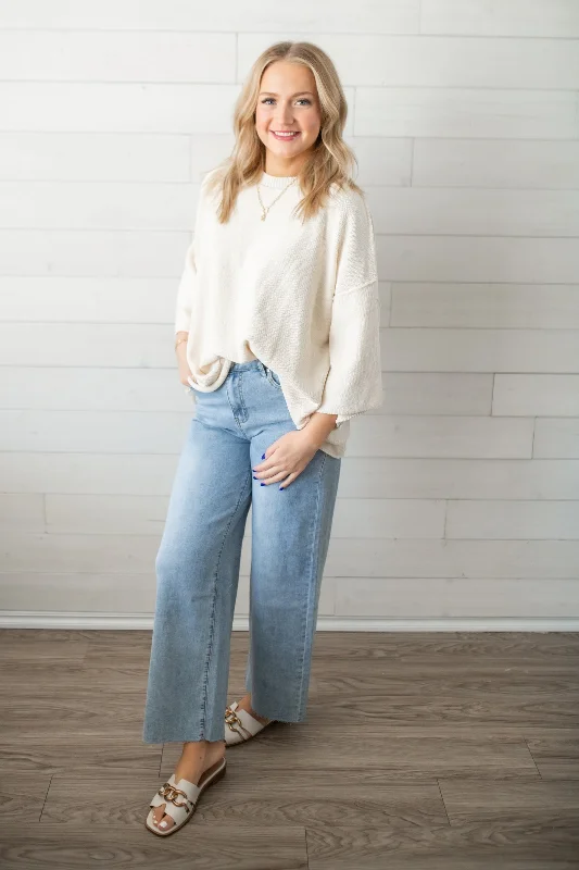 Easel 1/2 Sleeve Mineral Washed Sweater-White Bright Pastel Dark