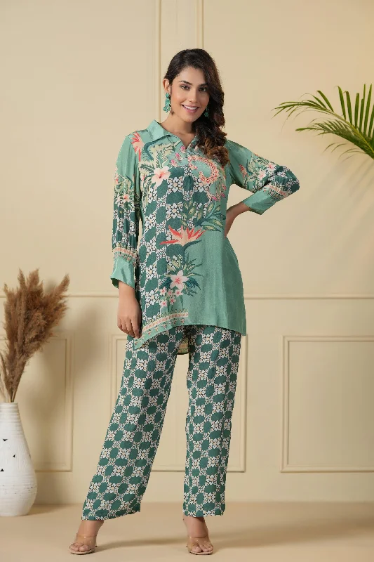 Sea Green Printed Tunic & Trouser Co-Ord Set Trousers Satin Smooth