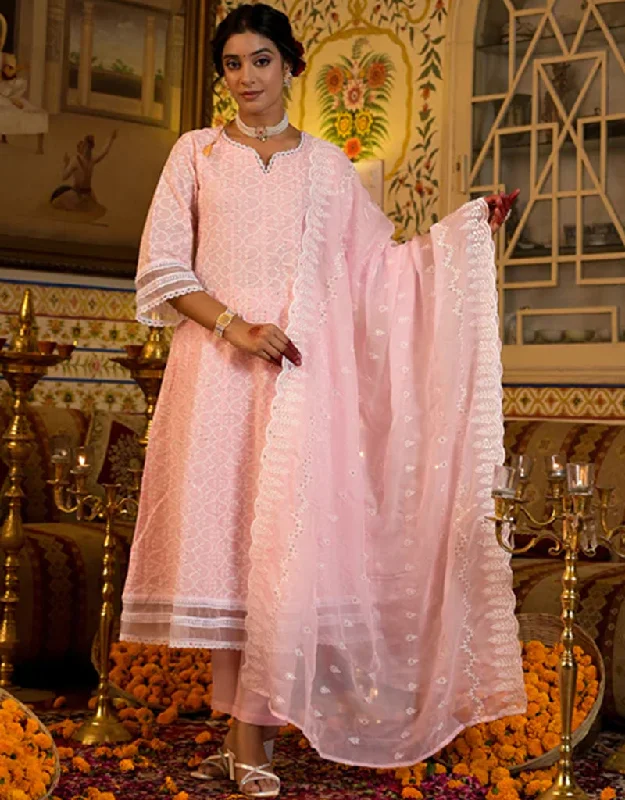 Anarkali Kurta Trouser With Dupatta Set Baby Pink Pure Cotton Pant Anarkali Trousers Satin Smooth
