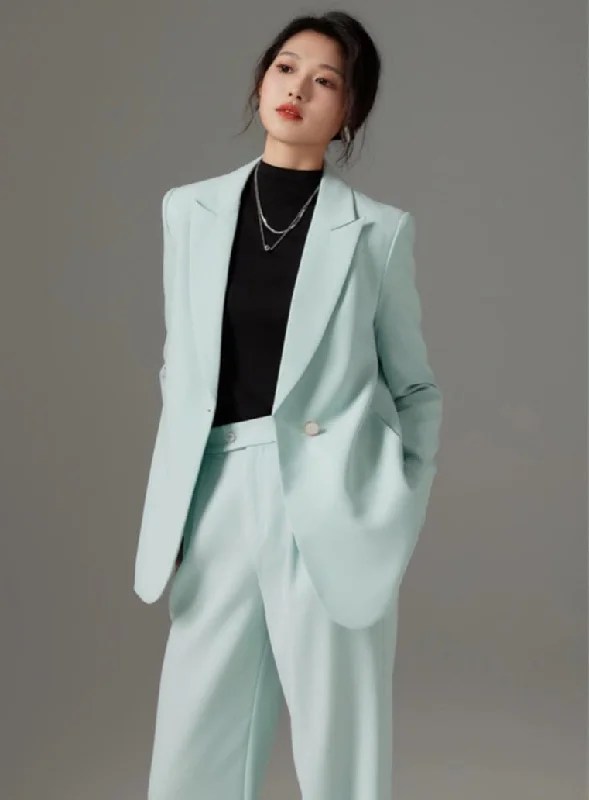 Vivacious Azure Power Suit - Tailored Wide-Leg Trousers and Structured Blazer Trousers Travel Practical