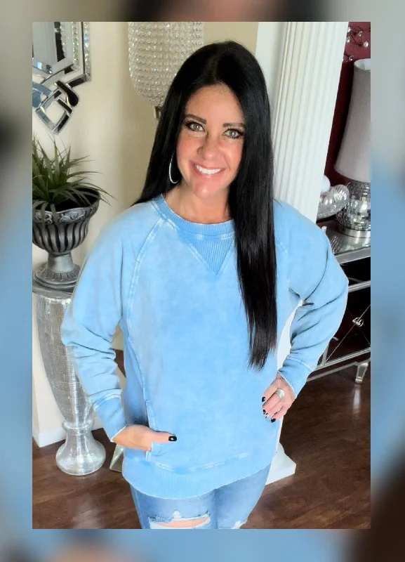 Acid Washed Deep Sky Crewneck Pullover with Pockets V-Neck Stylish Pullover