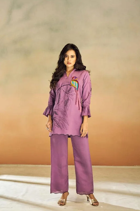 Purple 3D Thread Work Tunic & Trouser Co-Ord Set Trousers Trousers Formal