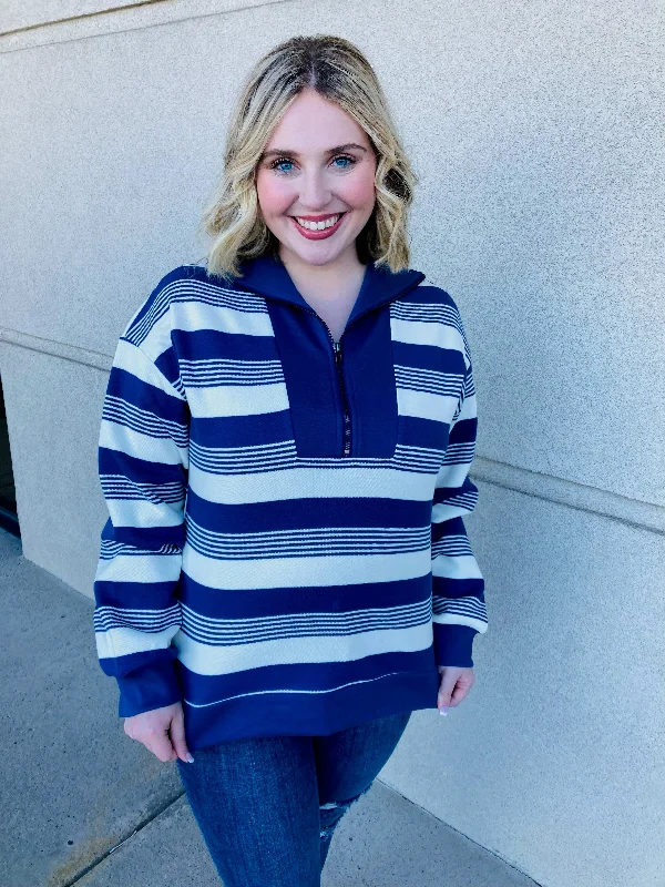 Blue and White Striped Pullover Shirred Sleeve Feminine