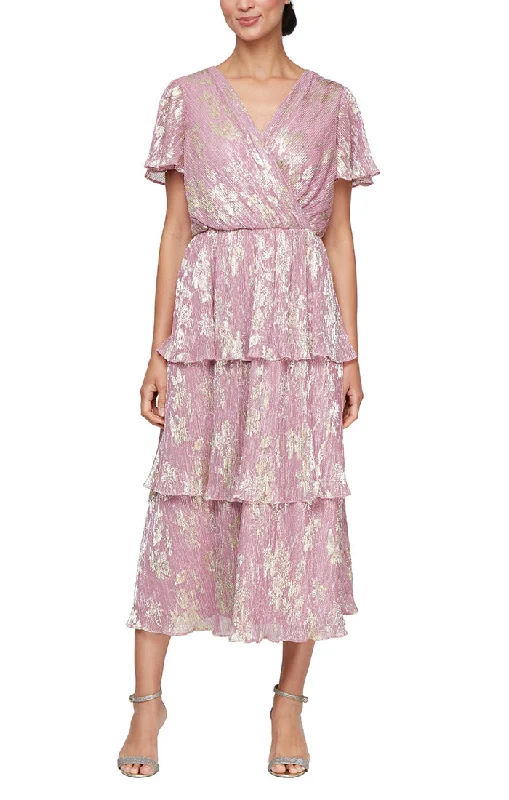 Foil Printed Dress with Tiered Skirt