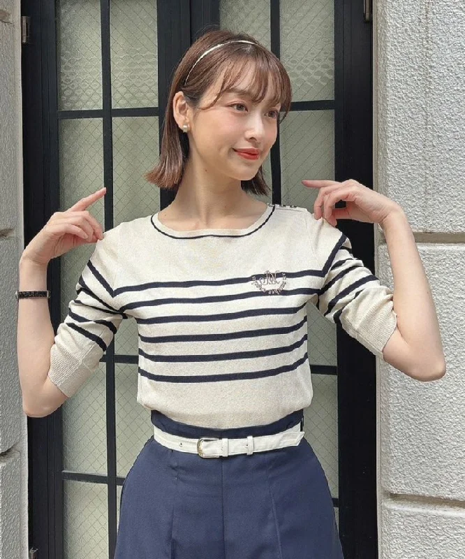 Logo Embroidery Striped Knit Pullover Cowl Neck Pullover