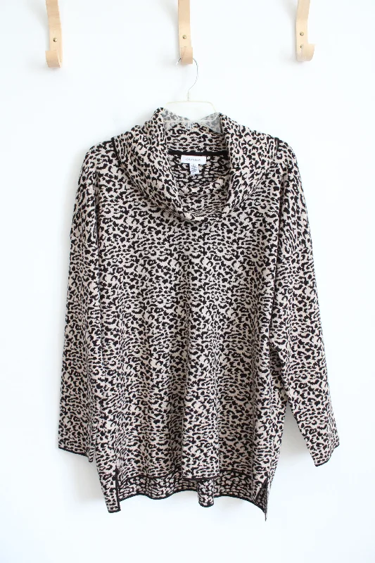 Calvin Klein Brown & Black Leopard Print Cowl Neck Tunic Sweater | XL Graphic Sweater Embroidered Appliqued