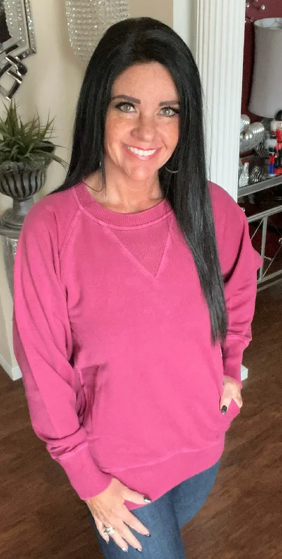 Wine Acid Washed Crewneck Pullover with Pockets High Neck Pullover