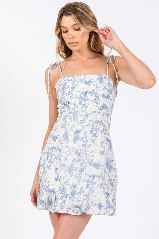 Blue Spaghetti Strap Ruffle Dress