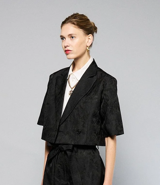 Yelena Short Sleeve Jacquard Jacket Plaid Jacket Tartan Jacket Houndstooth Jacket