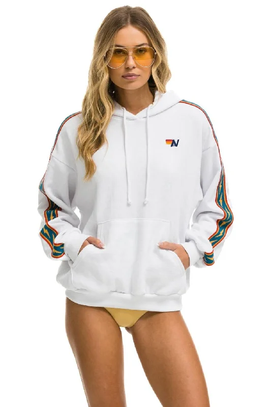 Bolt Stripe Relaxed Pullover Hoodie White Textured Knit Design