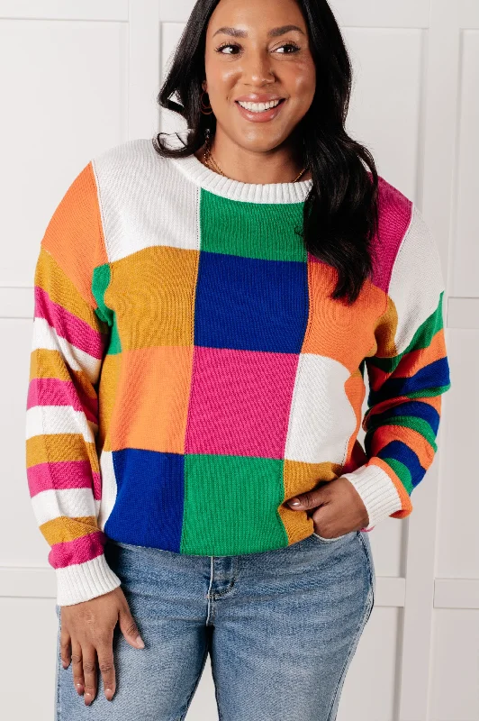 Manifesting Moment Checkered Color Block Sweater Iron Safe Non-Iron Wrinkle Free