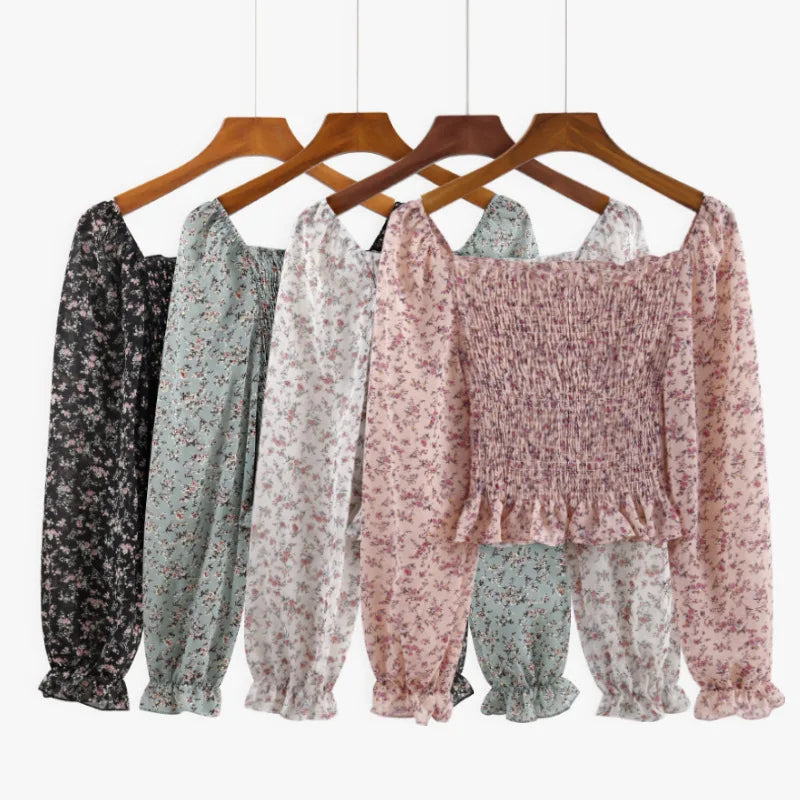 Spring Summer Floral Tops Women Square Collar Folds Long-Sleeved Chiffon Shirt Casual Fashion Sweet Short Pullover Blouse High Neck Pullover