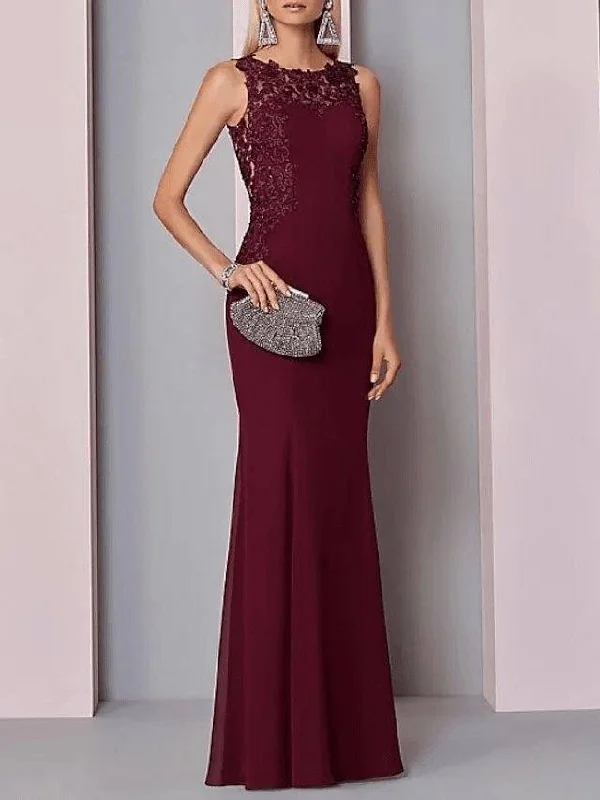 Sheath / Column Mother of the Bride Dress Elegant Jewel Neck Floor Length Chiffon Tulle Sleeveless with Pleats Appliques