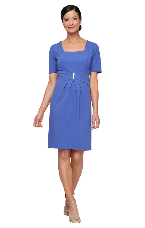 Short Stretch Crepe Sheath Dress with Square Neckline and Hardware Detail at Waist
