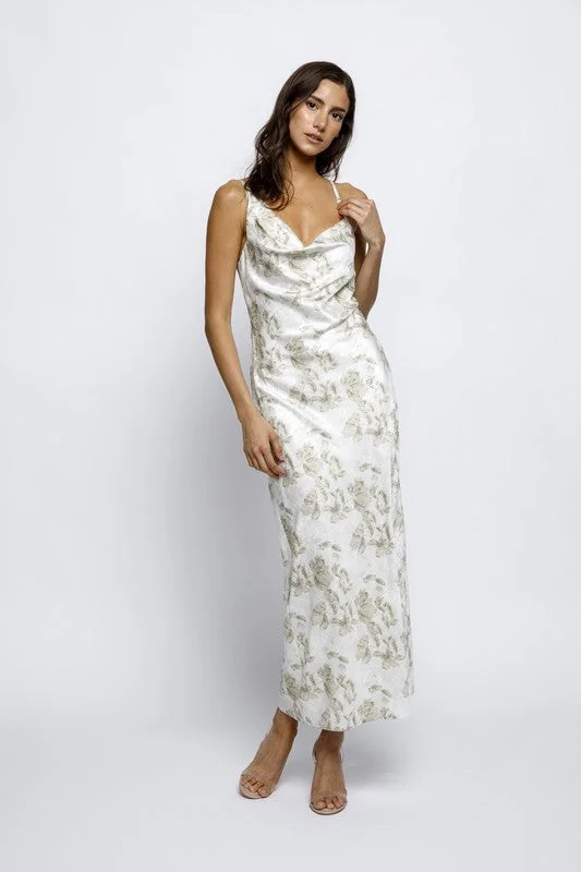 Cream Satin Floral Midi Slip Dress