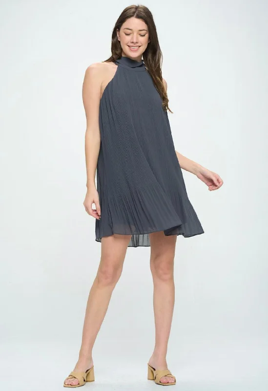 SLEEVELESS HIGH NECK PLEATED SWING DRESS