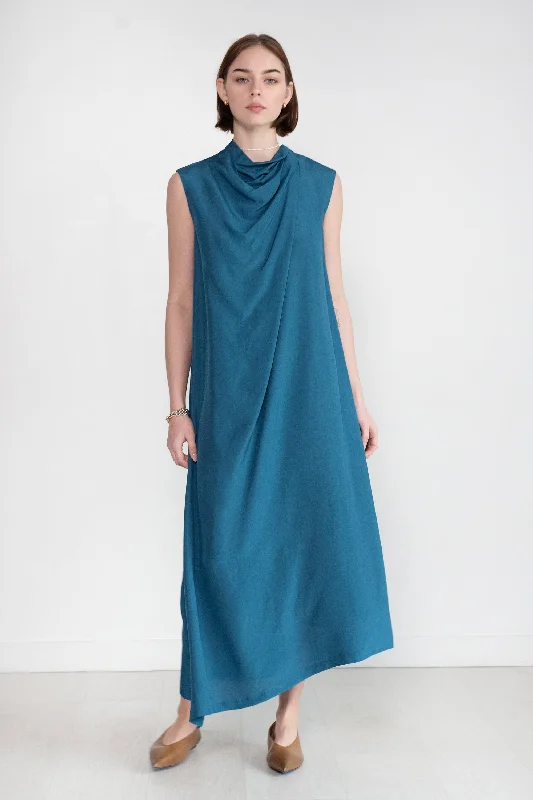 Dinari Sleeveless Dress with Draped Collar, Petrol